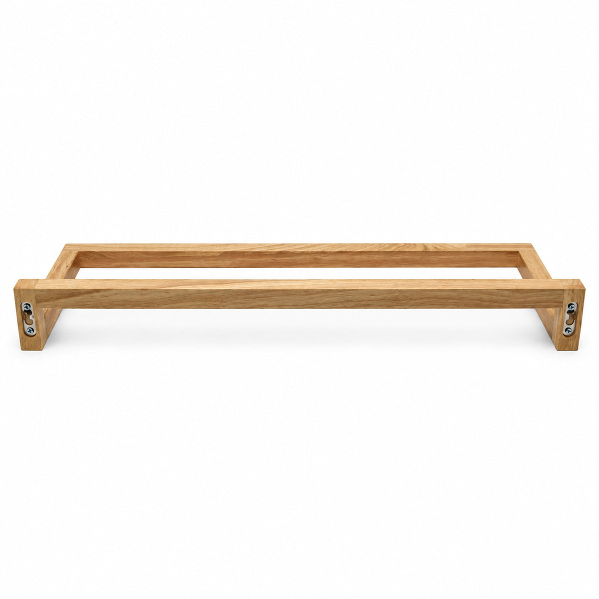 Rückansicht des Kautschukholz-Handtuchhalters mit zwei eingelassenen Schlüssellochbeschlägen.
