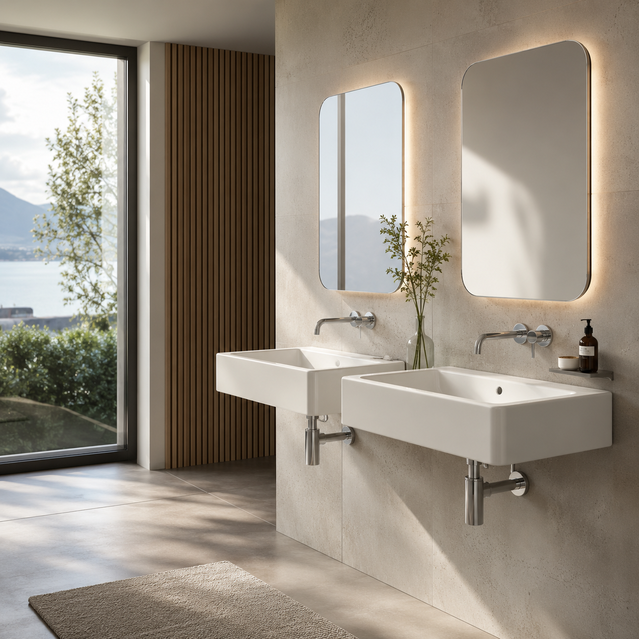 Wand-Waschbecken modern im Badezimmer mit Spiegeln und Wandarmaturen