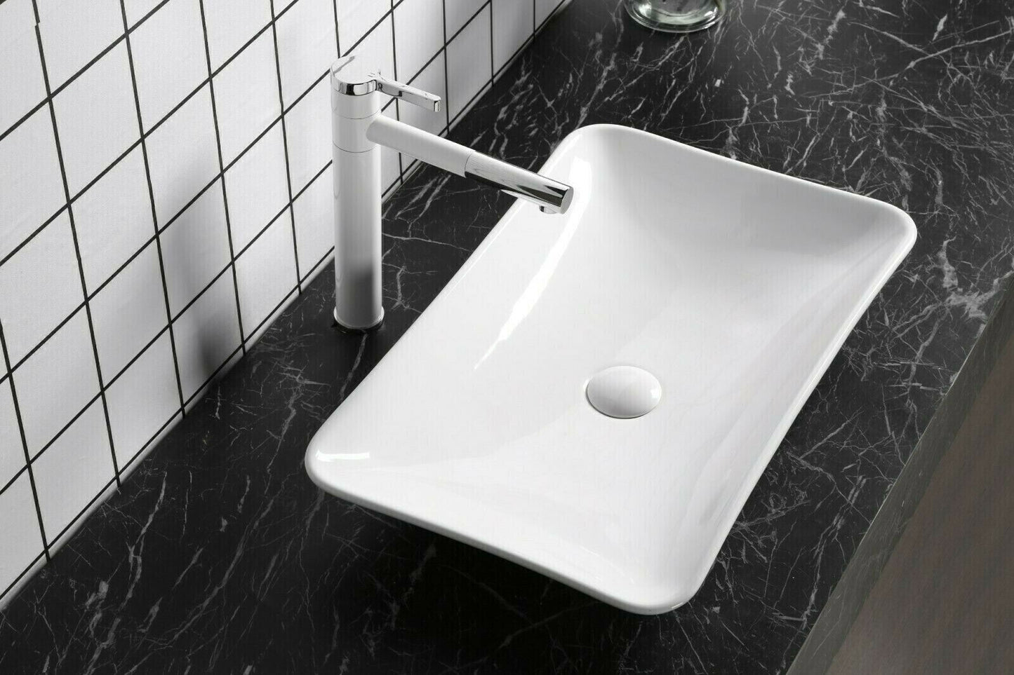 Aufsatzwaschbecken Keramik eckig 58,5x36,5 cm – schmales Waschbecken weiß mit Lotus-Effekt | platzsparend & modernes Design