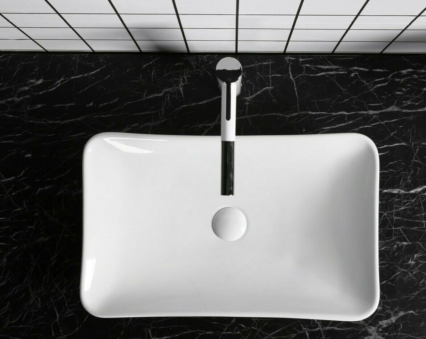 Aufsatzwaschbecken Keramik eckig 58,5x36,5 cm – schmales Waschbecken weiß mit Lotus-Effekt | platzsparend & modernes Design