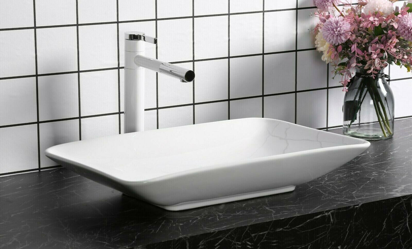 Aufsatzwaschbecken Keramik eckig 58,5x36,5 cm – schmales Waschbecken weiß mit Lotus-Effekt | platzsparend & modernes Design