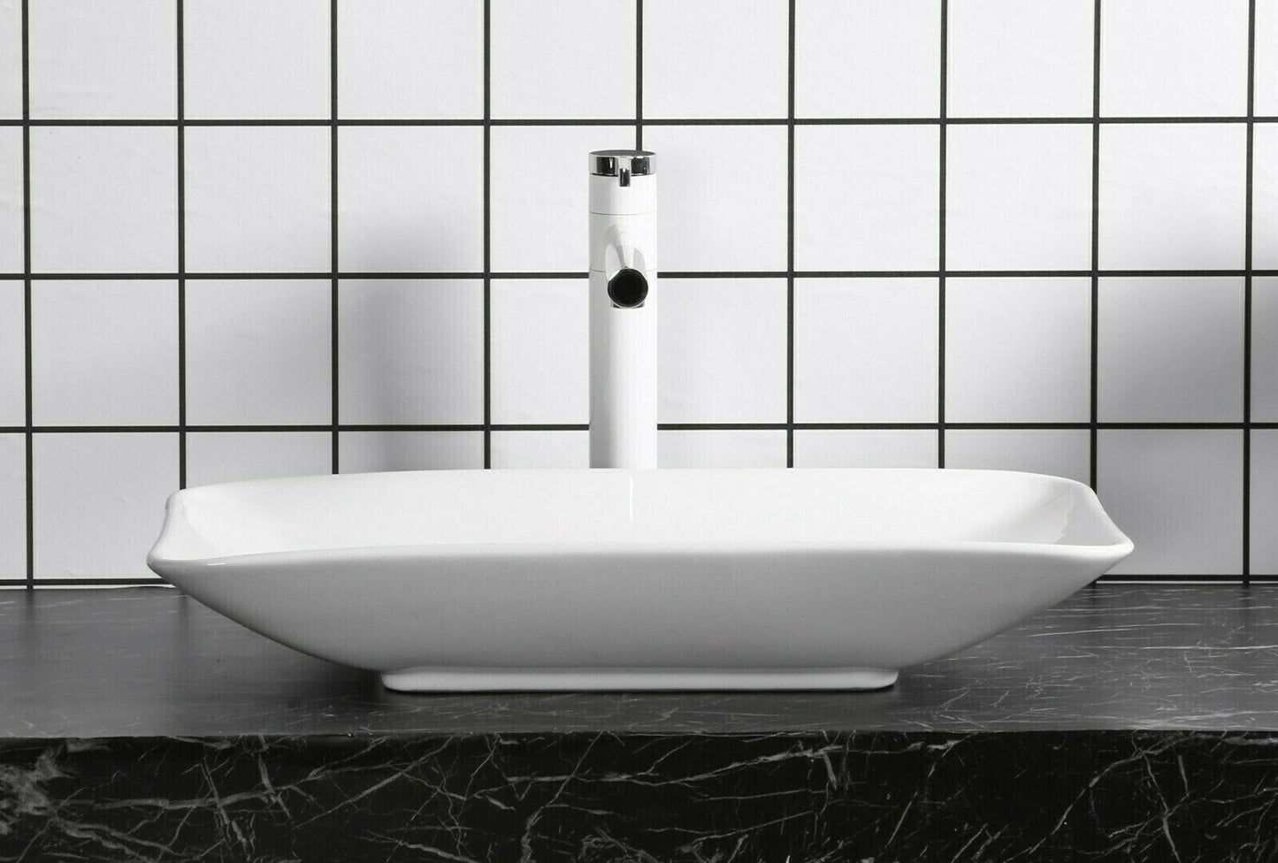 Aufsatzwaschbecken Keramik eckig 58,5x36,5 cm – schmales Waschbecken weiß mit Lotus-Effekt | platzsparend & modernes Design