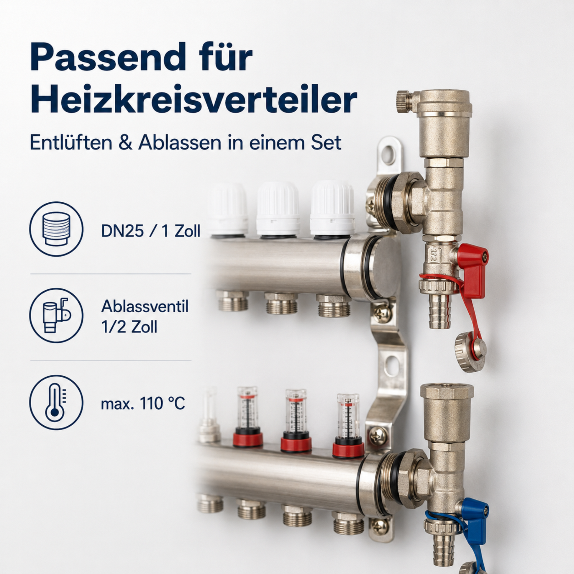 2er Lüftungsventil-Set mit Ablassfunktion für Heizungs- und Wassersysteme, DN25 / 1 Zoll