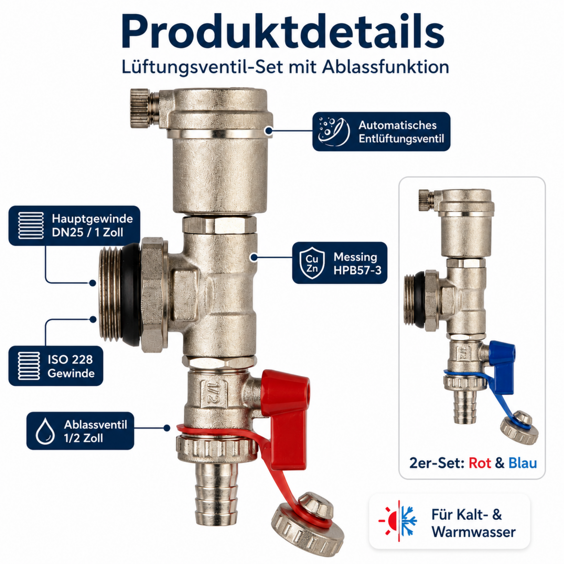Produktdetails Messing-Lüftungsventil mit automatischer Entlüftung, Ablassventil 1/2 Zoll und ISO 228 Gewinde
