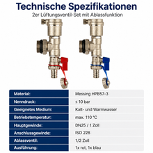 Technische Spezifikationen Messing-Lüftungsventil-Set DN25 / 1 Zoll, ISO 228, bis 10 bar, max. 110 °C