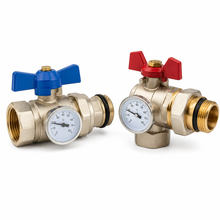 2er Messing-Kugelhahn-Set mit Thermometer, gerade und Winkel Ausführung, DN25 / 1 Zoll, ISO 228 / G 1 Zoll, Temperaturanzeige 0 bis 80 °C, Betriebstemperatur bis 100 °C