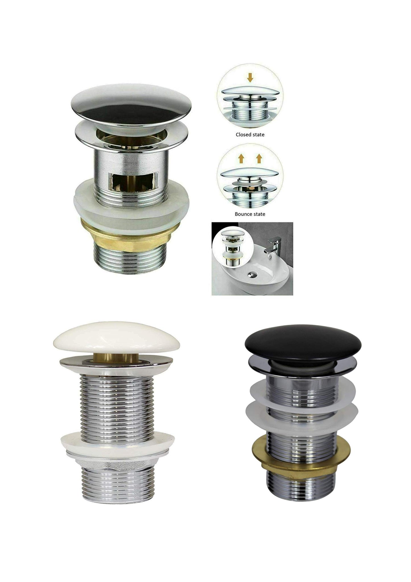 Pop-Up Ablaufventil 1 1/4" für Waschbecken mit/ohne Überlauf aus Edelstahl & Chrom in weiß, schwarz, silber