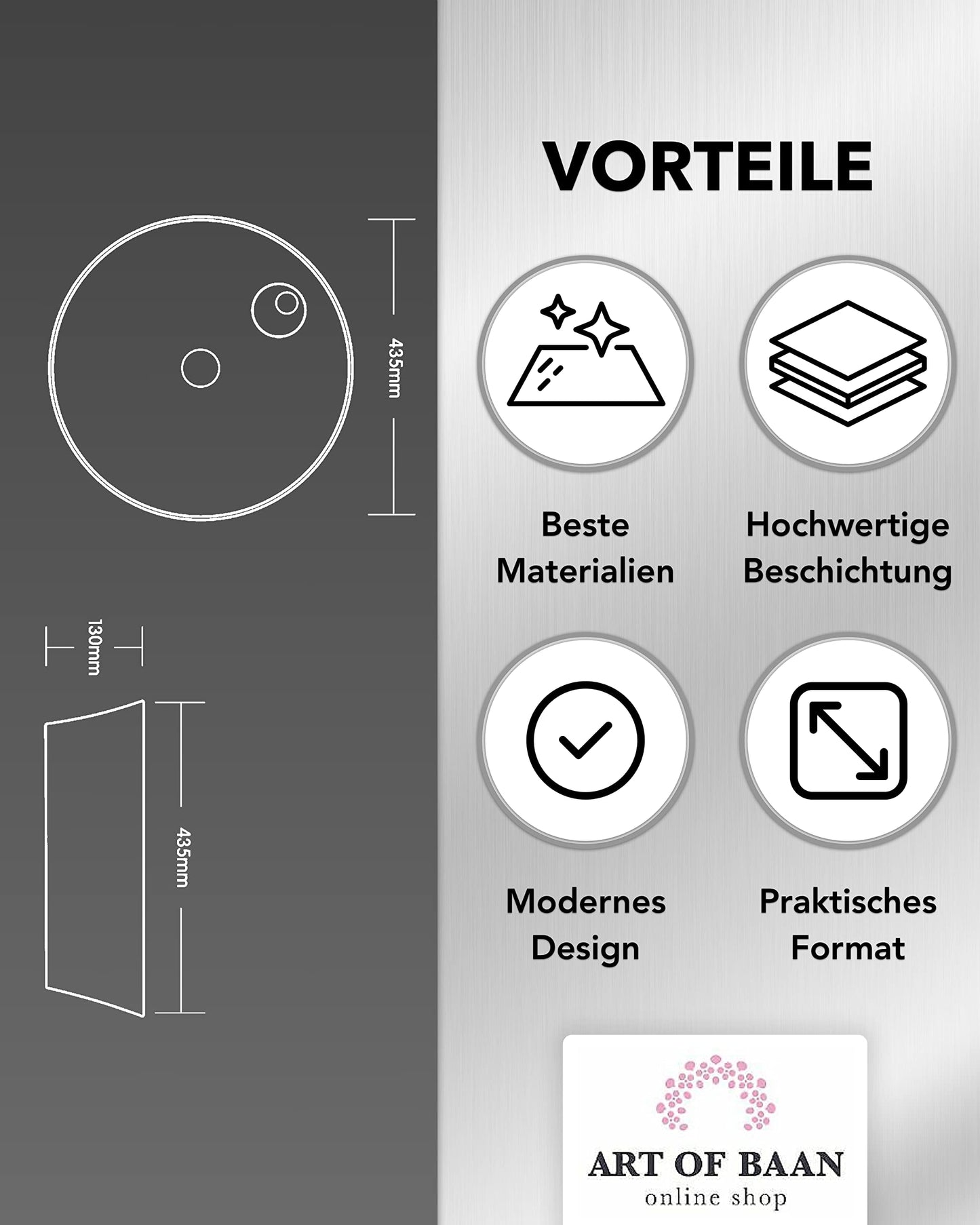 Art-of-Baan® Keramik Aufsatzwaschbecken mit Lotus-Effekt in weiß - 435 x 435 x 130 mm