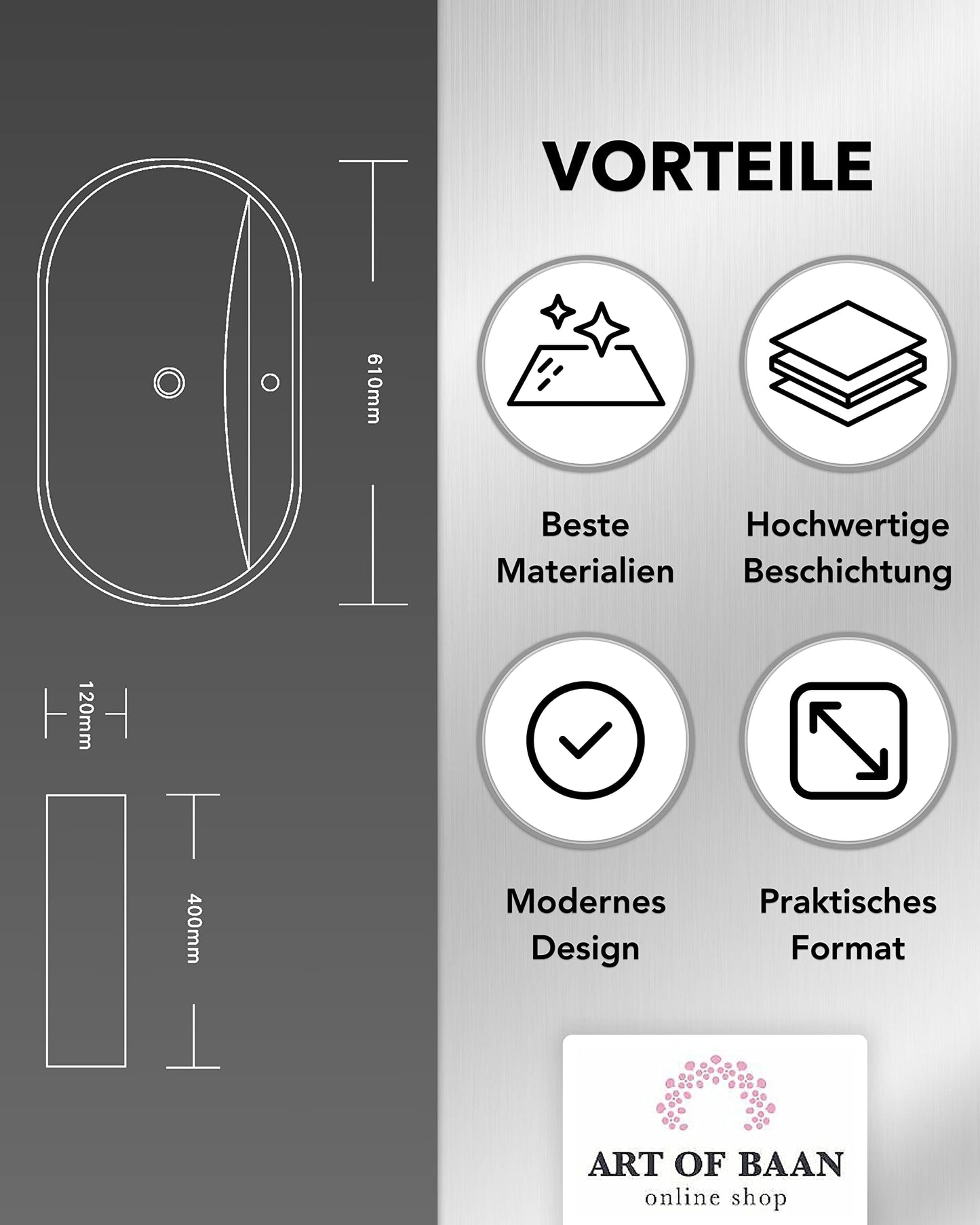 Art-of-Baan Premium Waschbecken oval - Hochglanz Aufsatzwaschbecken - Keramik-Becken für Waschtisch - Waschschale weiß - 610 x 400 x 120 mm
