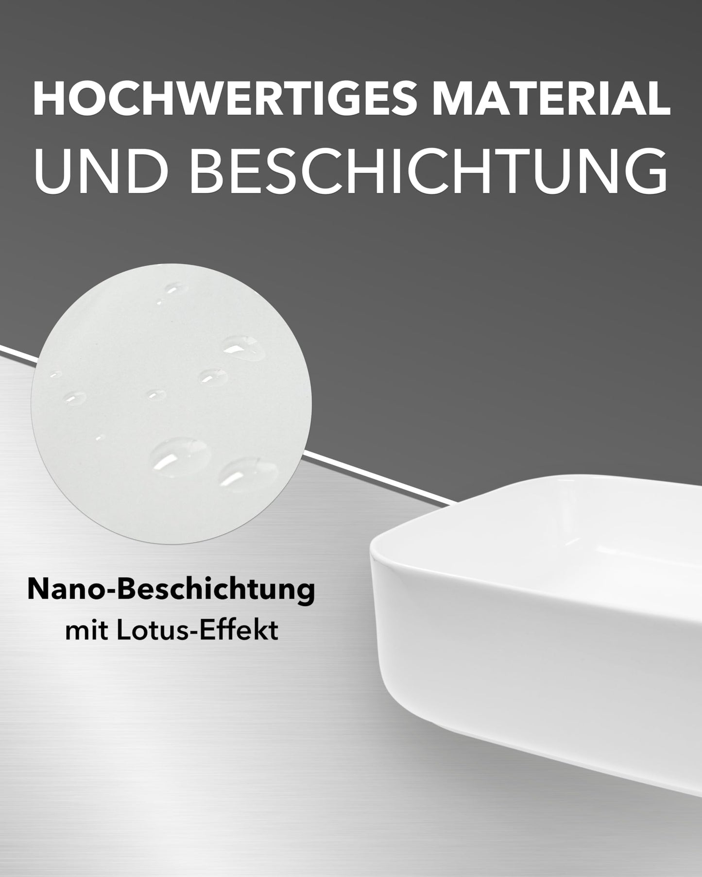 Art-of-Baan® Keramik-Aufsatzwaschbecken I edles Waschbecken mit Lotus-Effekt I Handwaschbecken in Weiß I DIN Hahnloch & DIN Abfluss I hochwertiges Design-Waschbecken I Maße: 500 x 400 x 135 mm