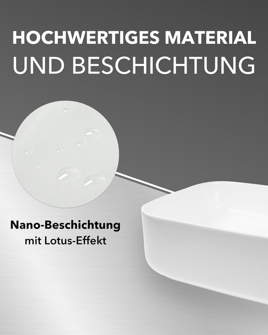 Art-of-Baan® Keramik-Aufsatzwaschbecken I edles Waschbecken mit Lotus-Effekt I Handwaschbecken in Weiß I DIN Hahnloch & DIN Abfluss I hochwertiges Design-Waschbecken I Maße: 500 x 400 x 135 mm
