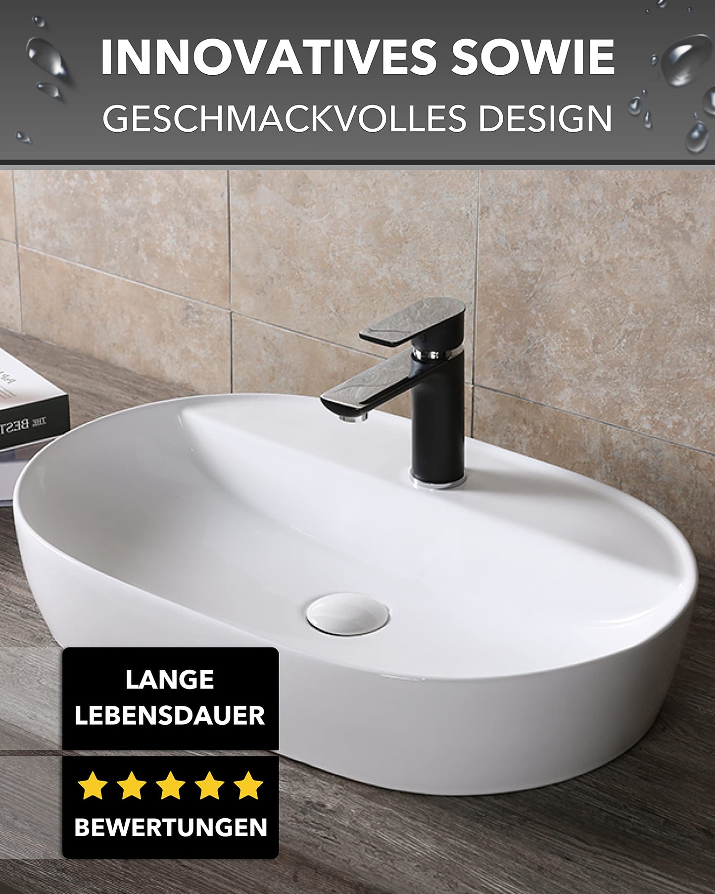 Art-of-Baan Premium Waschbecken oval - Hochglanz Aufsatzwaschbecken - Keramik-Becken für Waschtisch - Waschschale weiß - 610 x 400 x 120 mm