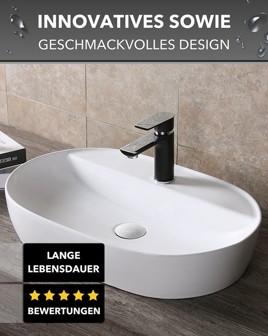 Art-of-Baan Premium Waschbecken oval - Hochglanz Aufsatzwaschbecken - Keramik-Becken für Waschtisch - Waschschale weiß - 610 x 400 x 120 mm
