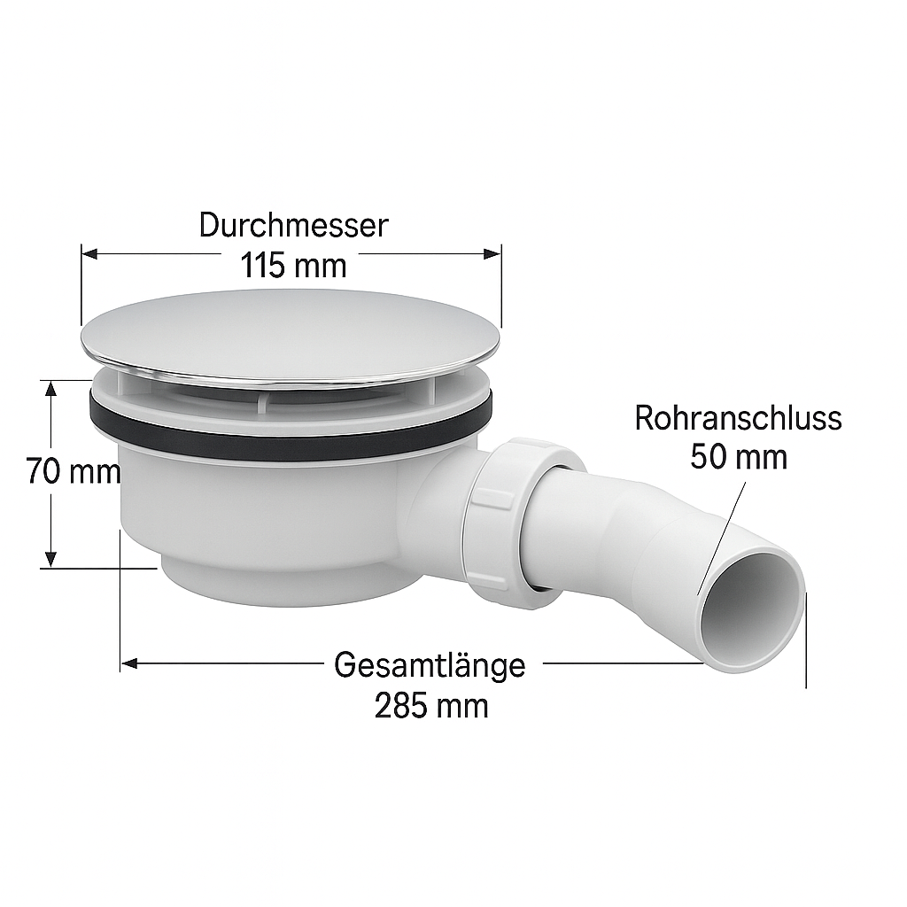 Ablaufgarnitur Dusche 90 mm – Duschablauf mit Siphon & Anschlussbogen | inkl. Chrom Deckel für Duschwanne / Duschtasse