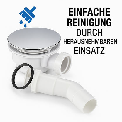 Ablaufgarnitur Dusche 90 mm – Duschablauf mit Siphon & Anschlussbogen | inkl. Chrom Deckel für Duschwanne / Duschtasse