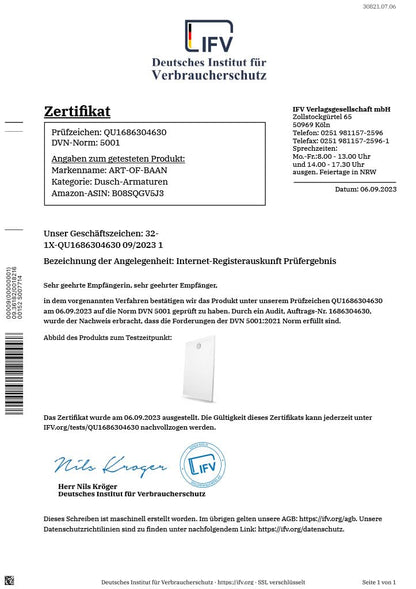 Prüergebnis der Duschwannen von Art of Baan vom IFV