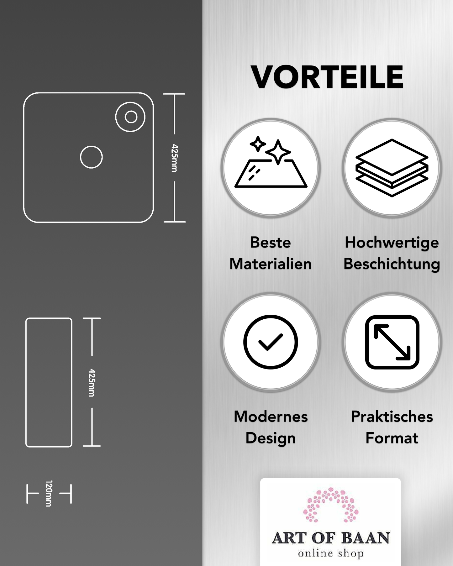 Art-of-Baan® Design Keramik Aufsatzwaschbecken - mit Lotus Effekt - eckig - weiß - 425 x 425 x 120 mm