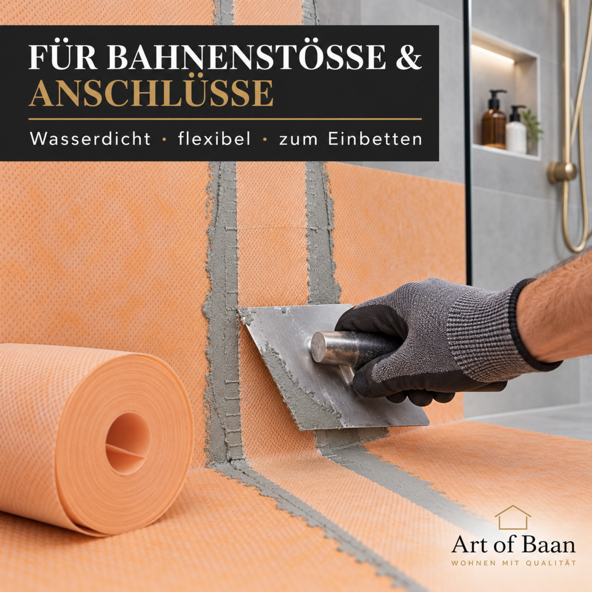Orangefarbenes Abdichtungsband wird an Bahnenstößen und Anschlüssen eingebettet