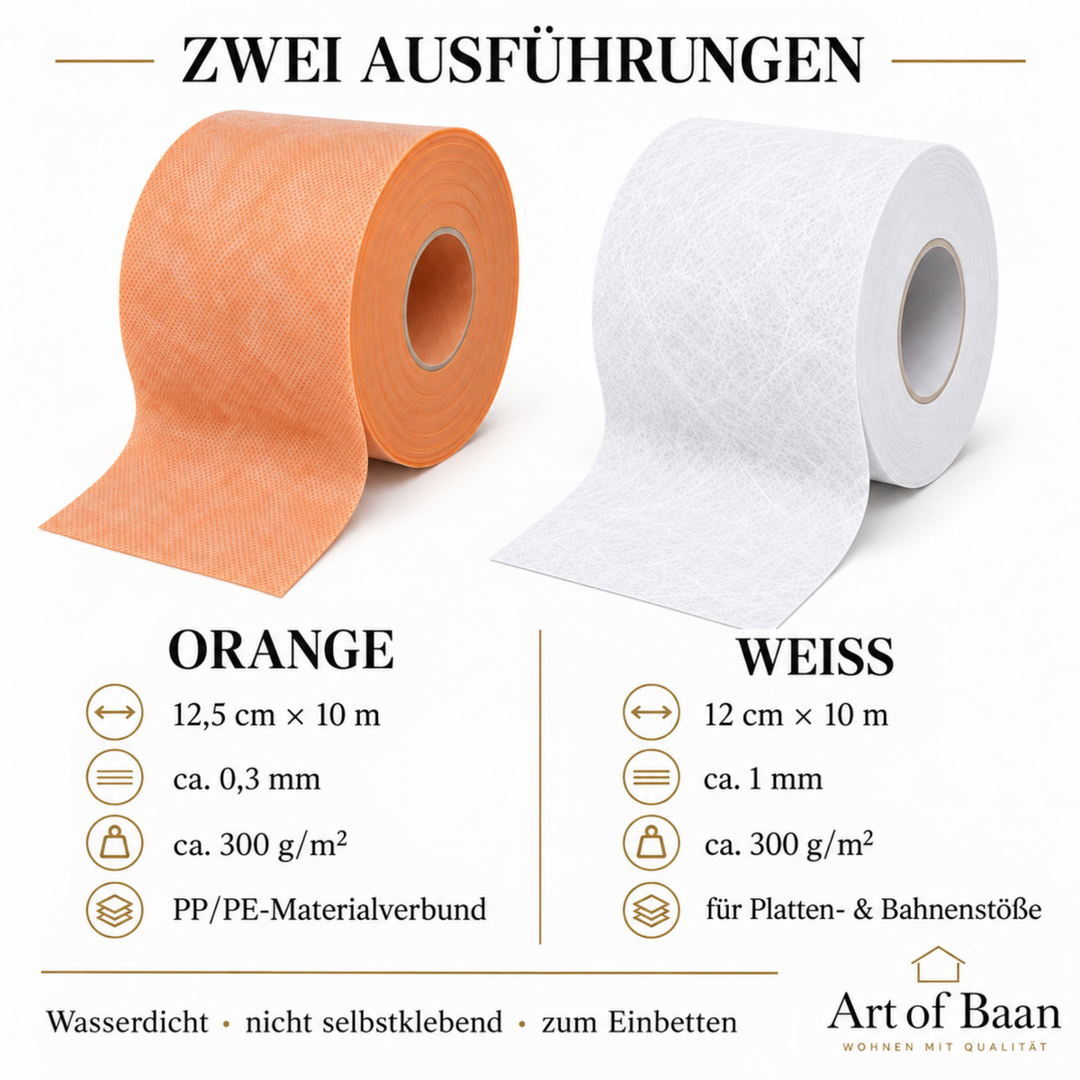 Vergleich von orangefarbenem und weißem Abdichtungsband mit Maßen und Materialstärke