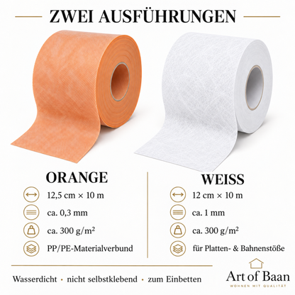 Vergleich von orangefarbenem und weißem Abdichtungsband mit Maßen und Materialstärke