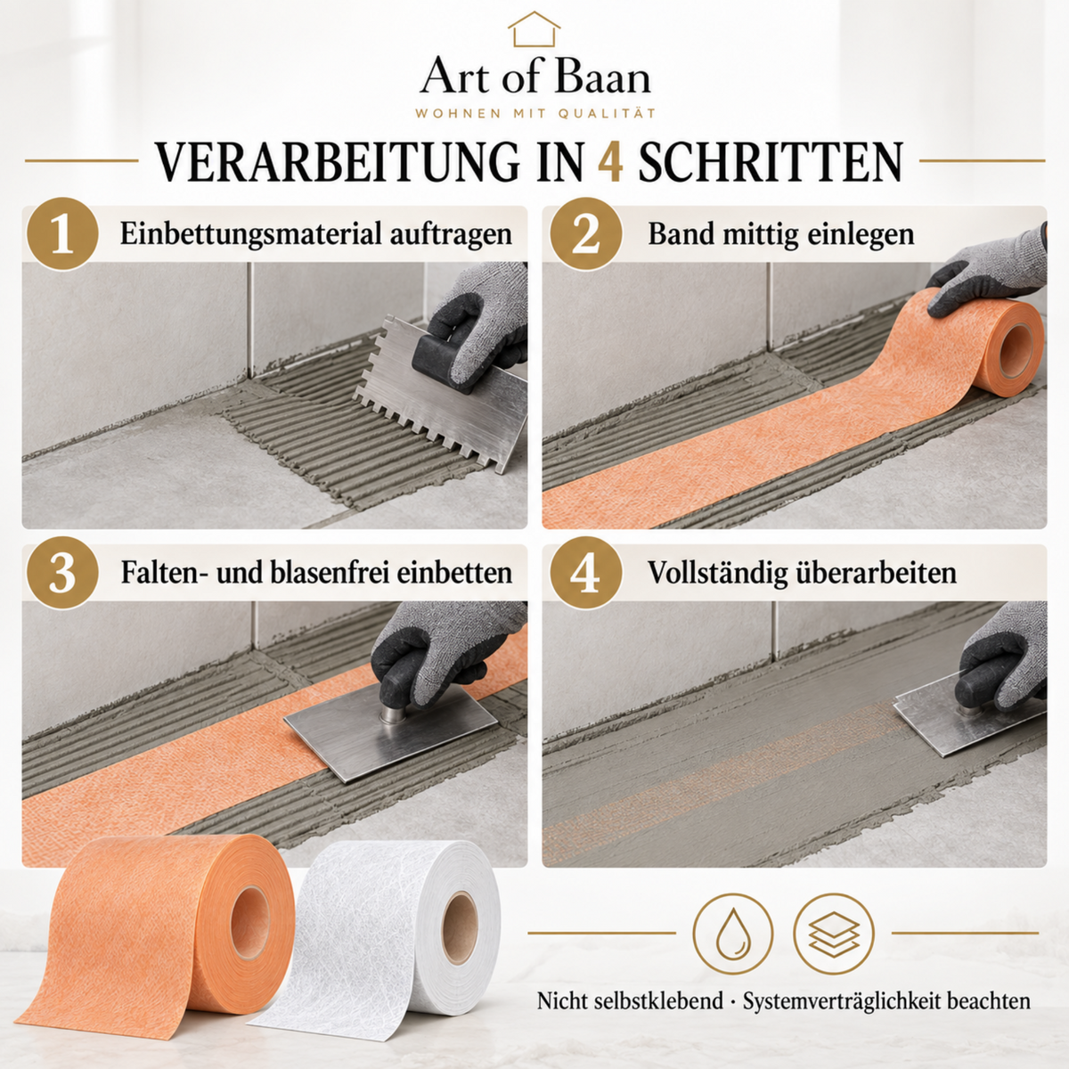 Abdichtungsband in vier Schritten auftragen, einlegen, einbetten und vollständig überarbeiten