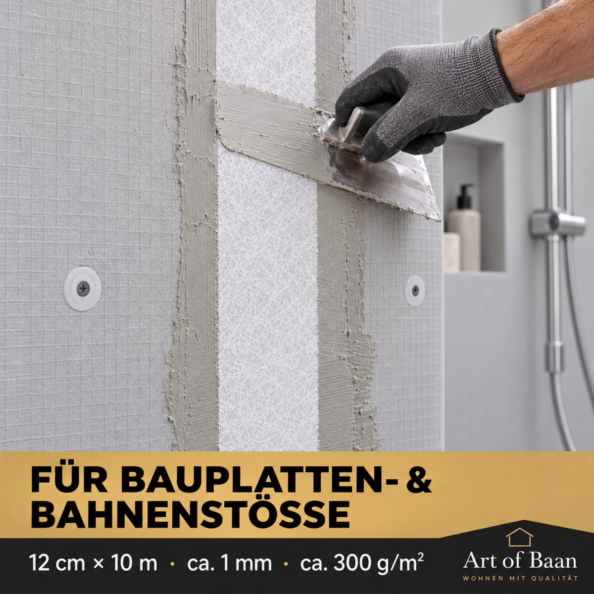 Weißes Abdichtungsband wird über Bauplatten- und Bahnenstößen eingebettet