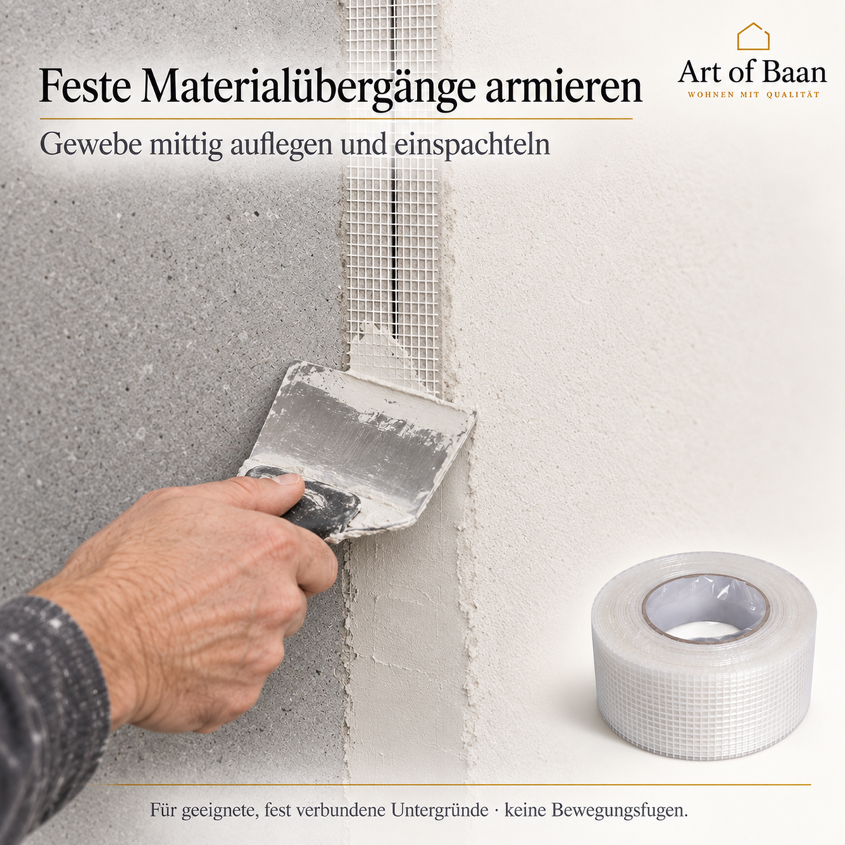 Armierungsgewebe wird mittig über einen festen Übergang zwischen Bauplatte und verputzter Wand gelegt und eingespachtelt.
