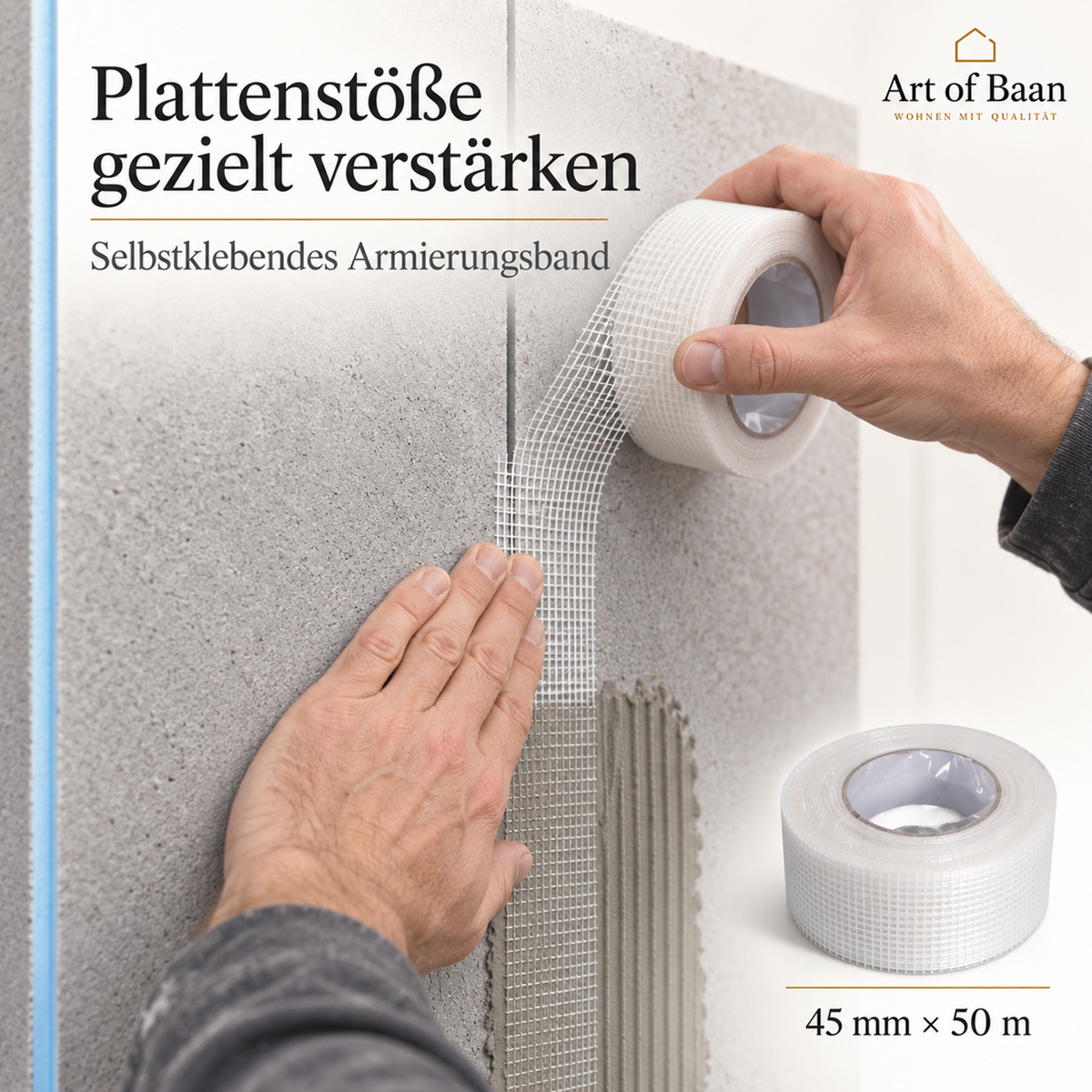 Selbstklebendes Armierungsband von Art of Baan wird mittig über einen Stoß zwischen zwei XPS-Bauplatten geklebt.