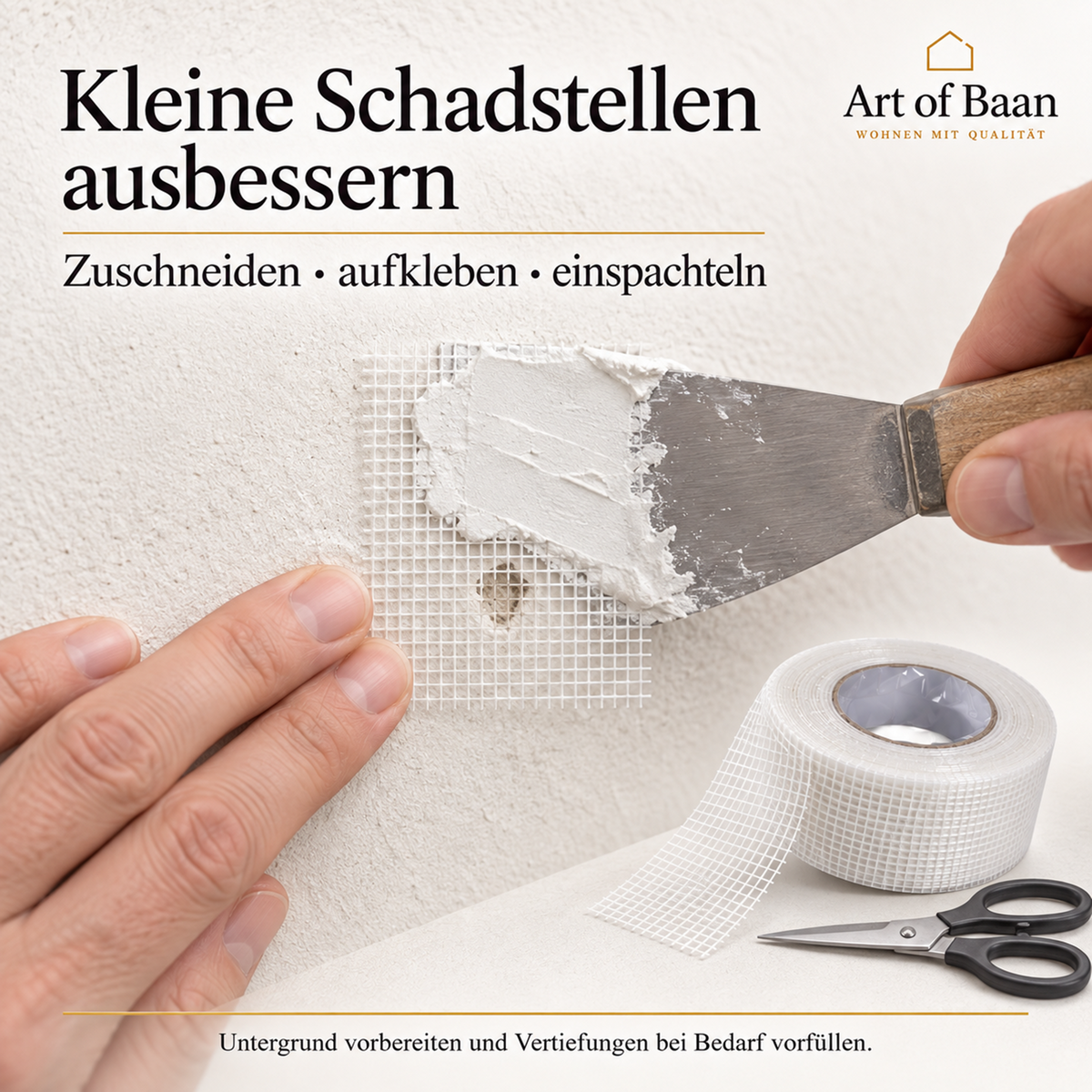 Ein zugeschnittenes Stück Armierungsband wird über einer kleinen Schadstelle in der Wand mit Spachtelmasse überarbeitet.