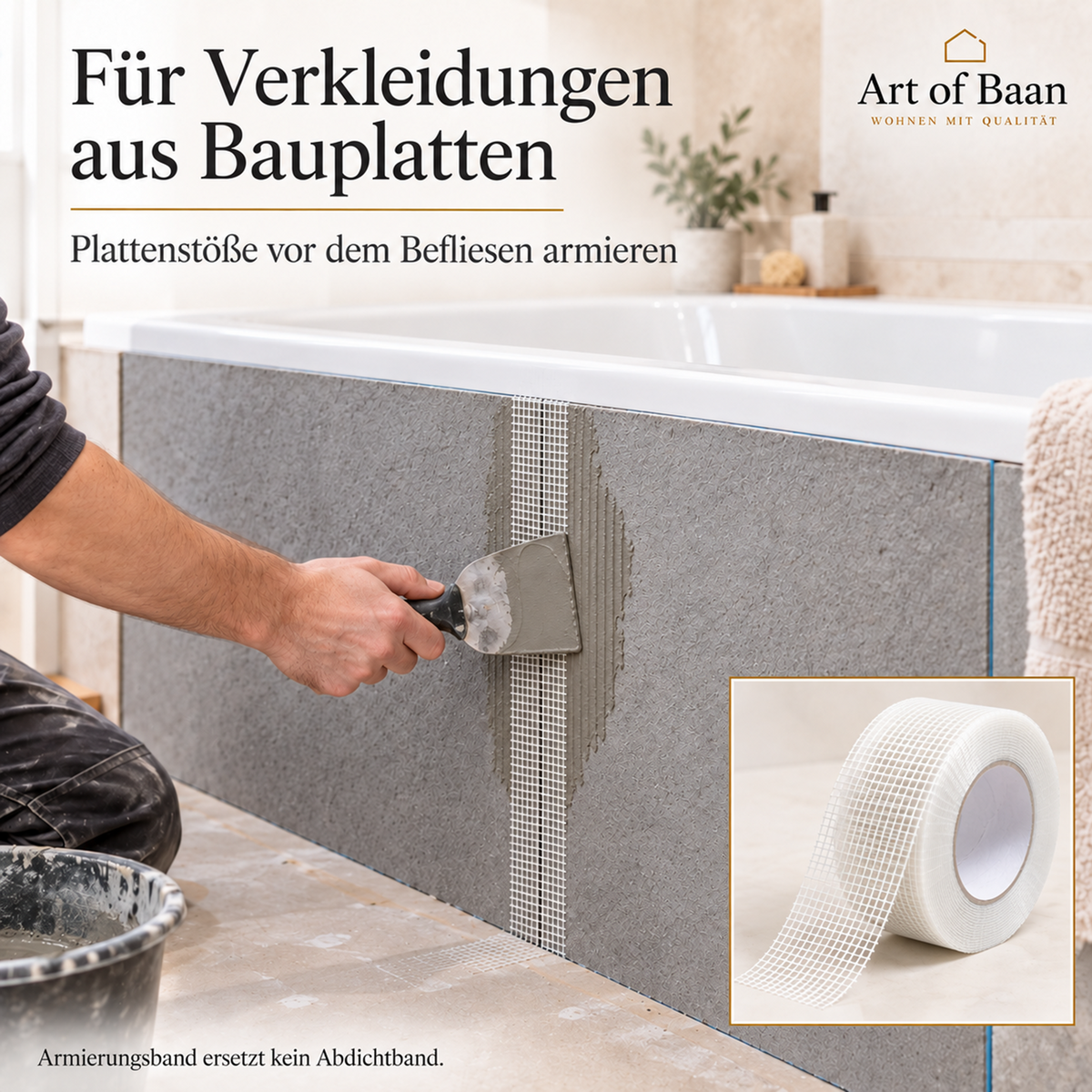 Armierungsband verstärkt einen senkrechten Plattenstoß an einer Badewannenverkleidung aus Bauplatten vor dem Befliesen.