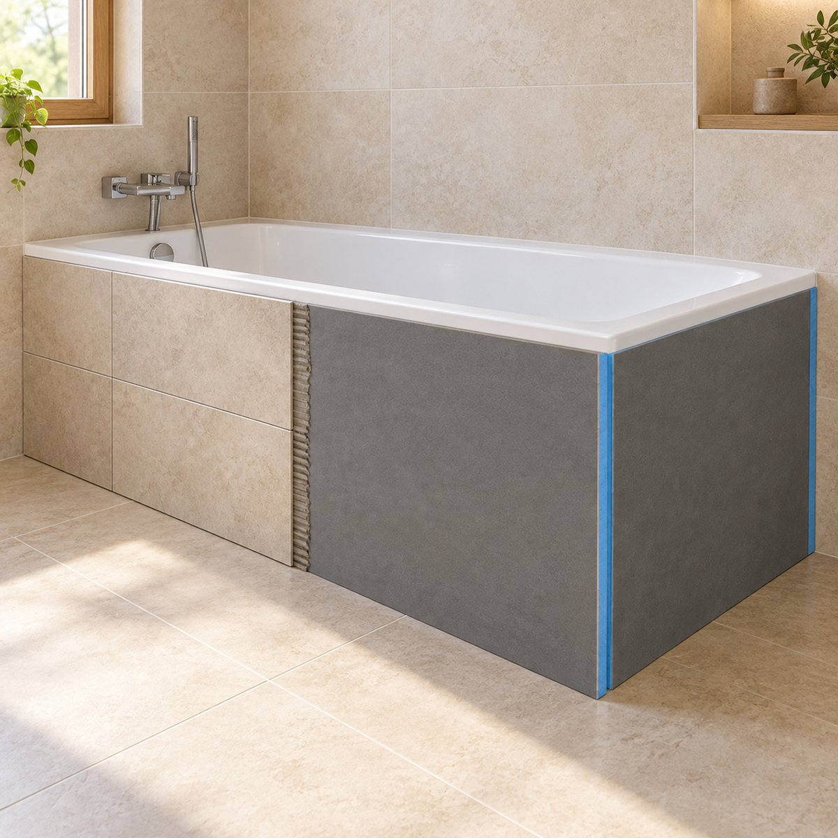Art of Baan Badewannenverkleidung, Variante 1730 mm, an einer Badewanne mit teilweise verfliester Front und sichtbaren grauen XPS-Fliesenplatten.