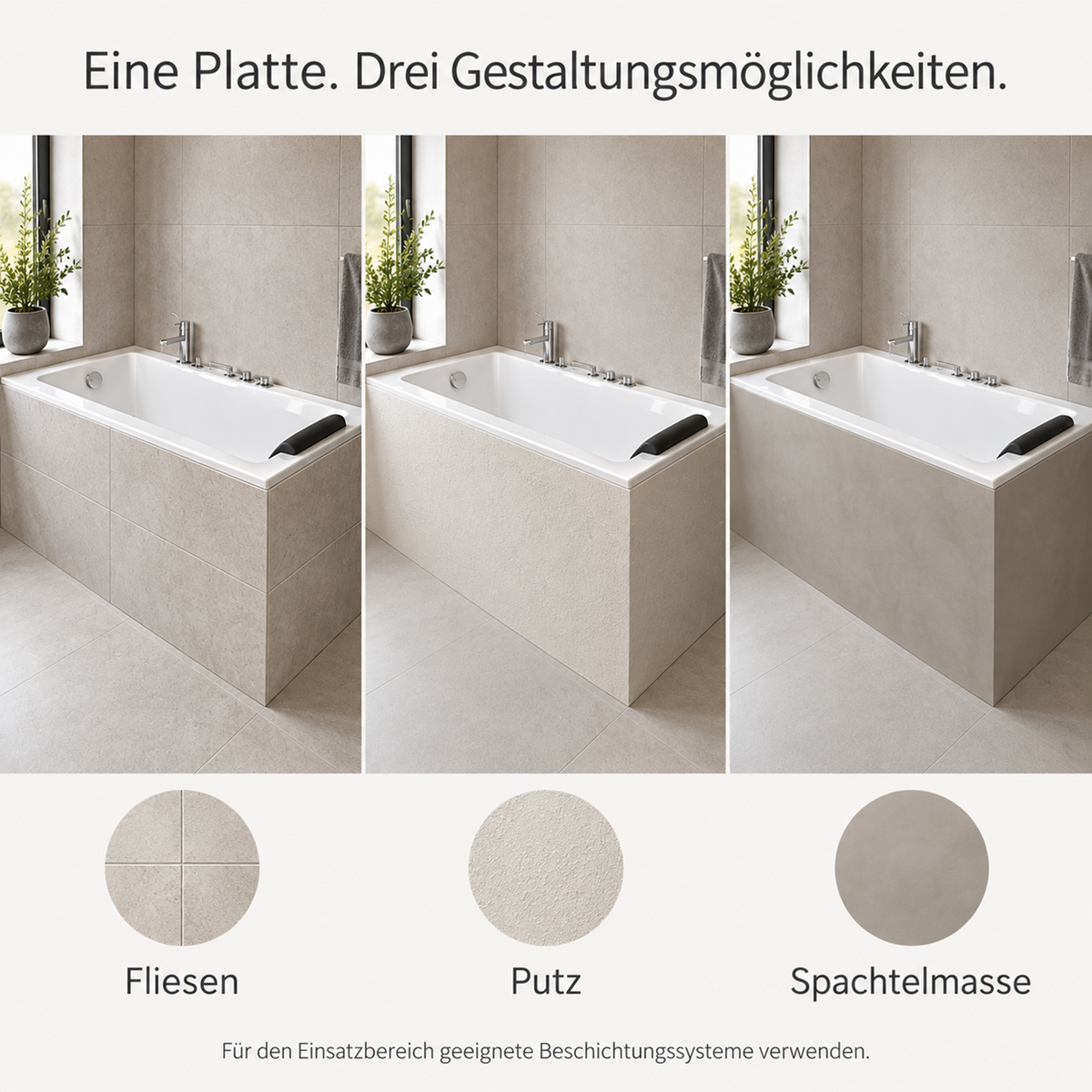 Drei Gestaltungsmöglichkeiten für die Badewannenverkleidung im Vergleich: Fliesen, strukturierter Putz und glatte Spachtelmasse.