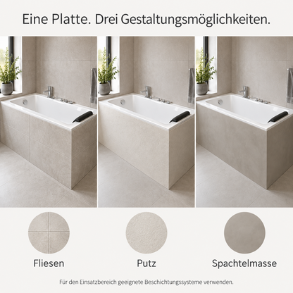 Drei Gestaltungsmöglichkeiten für die Badewannenverkleidung im Vergleich: Fliesen, strukturierter Putz und glatte Spachtelmasse.