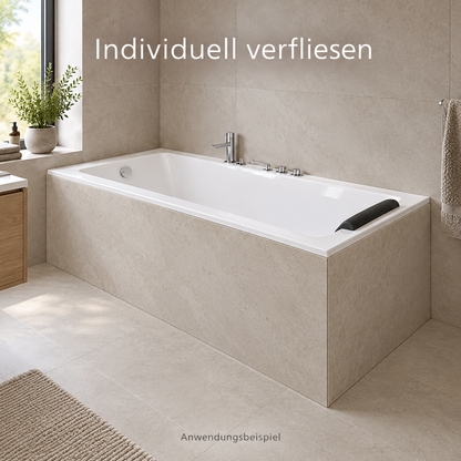 Anwendungsbeispiel einer Badewanne mit beige verfliester Front- und Stirnseite in einem modernen Badezimmer.