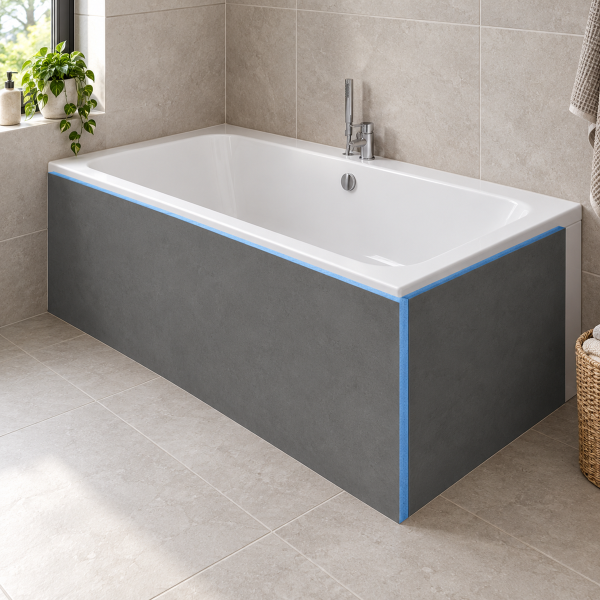 Rechteckige Badewanne mit grauen XPS-Fliesenplatten an Front und Stirnseite vor der abschließenden Oberflächengestaltung.