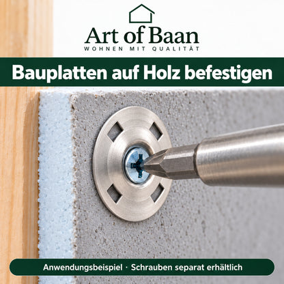 Befestigung einer Bauplatte auf Holz mit Schraube und Art of Baan Befestigungsteller