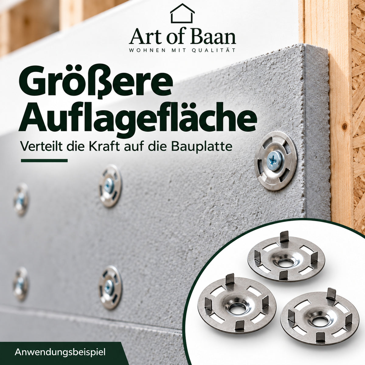 Art of Baan Befestigungsteller an einer Bauplatte zur Vergrößerung der Auflagefläche der Verschraubung