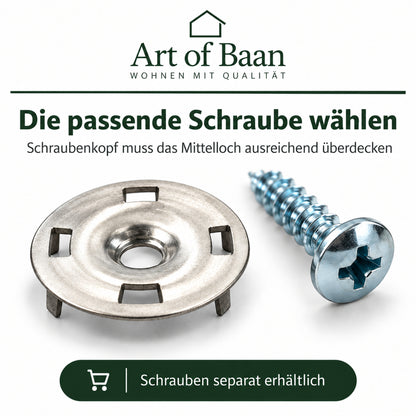 Befestigungsteller neben einer Schraube mit Hinweis zur passenden Kopfgröße für das 7-mm-Mittelloch