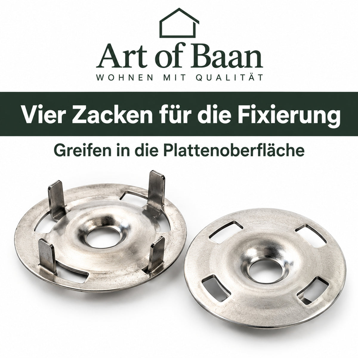 Nahaufnahme der vier Fixierzacken eines Art of Baan Befestigungstellers für Bauplatten