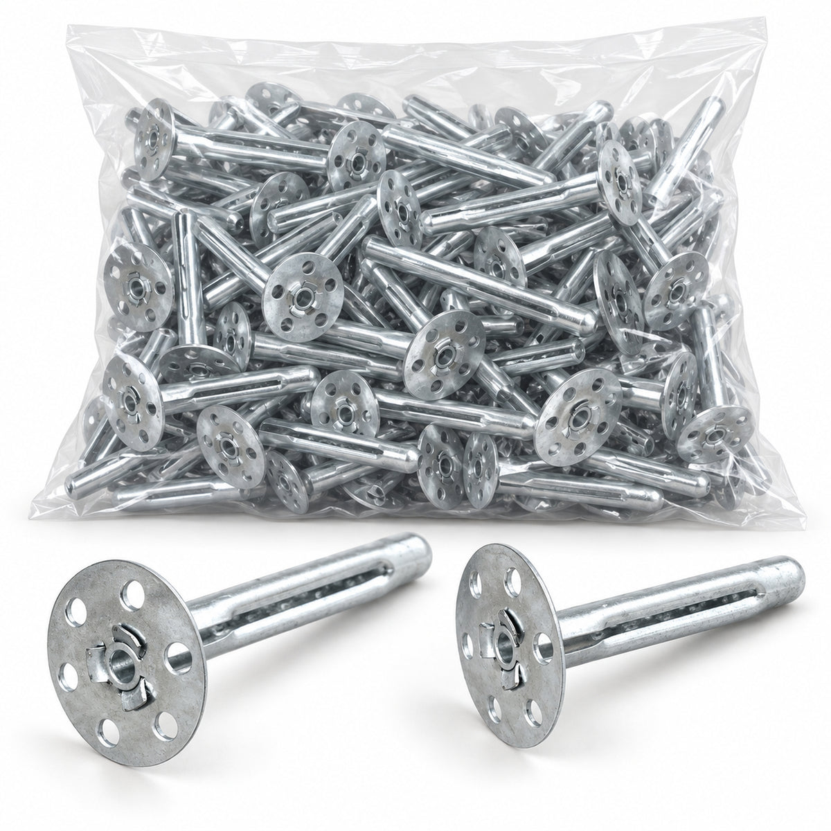 Art of Baan Metall-Dämmstoffdübel 110 mm, Variante mit 20, 50 und 100 Stück, im transparenten Beutel mit zwei losen Dübeln vor weißem Hintergrund.