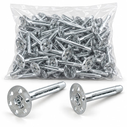 Art of Baan Metall-Dämmstoffdübel 110 mm, Variante mit 20, 50 und 100 Stück, im transparenten Beutel mit zwei losen Dübeln vor weißem Hintergrund.