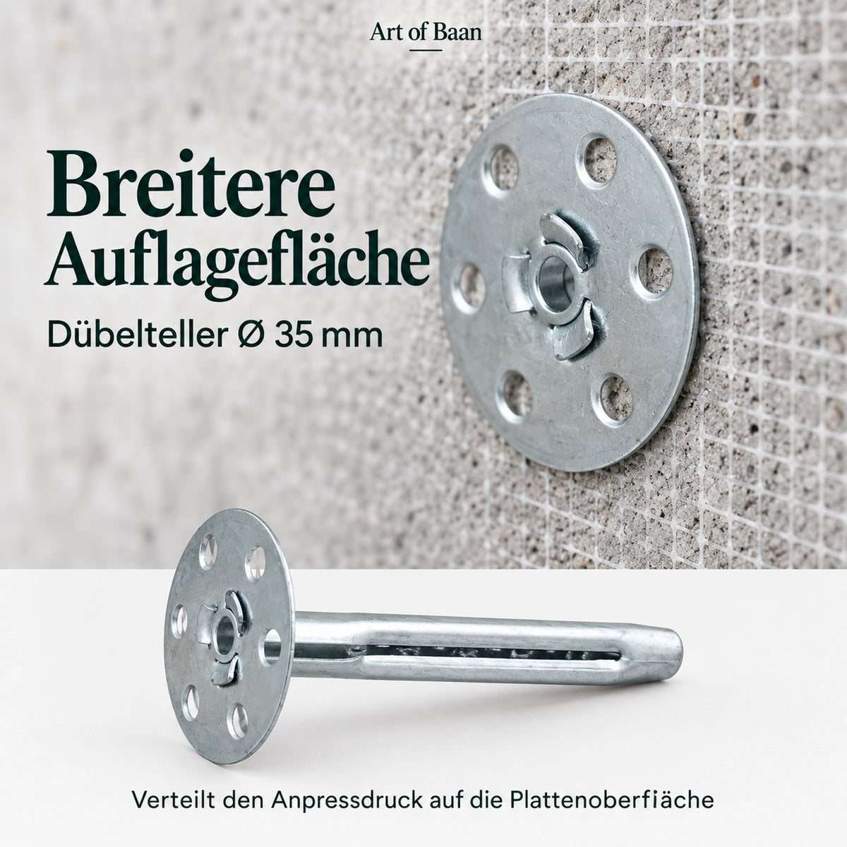 Nahaufnahme eines gelochten Dübeltellers mit 35 mm Durchmesser auf einer beschichteten Bauplatte.