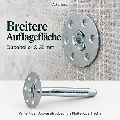 Nahaufnahme eines gelochten Dübeltellers mit 35 mm Durchmesser auf einer beschichteten Bauplatte.