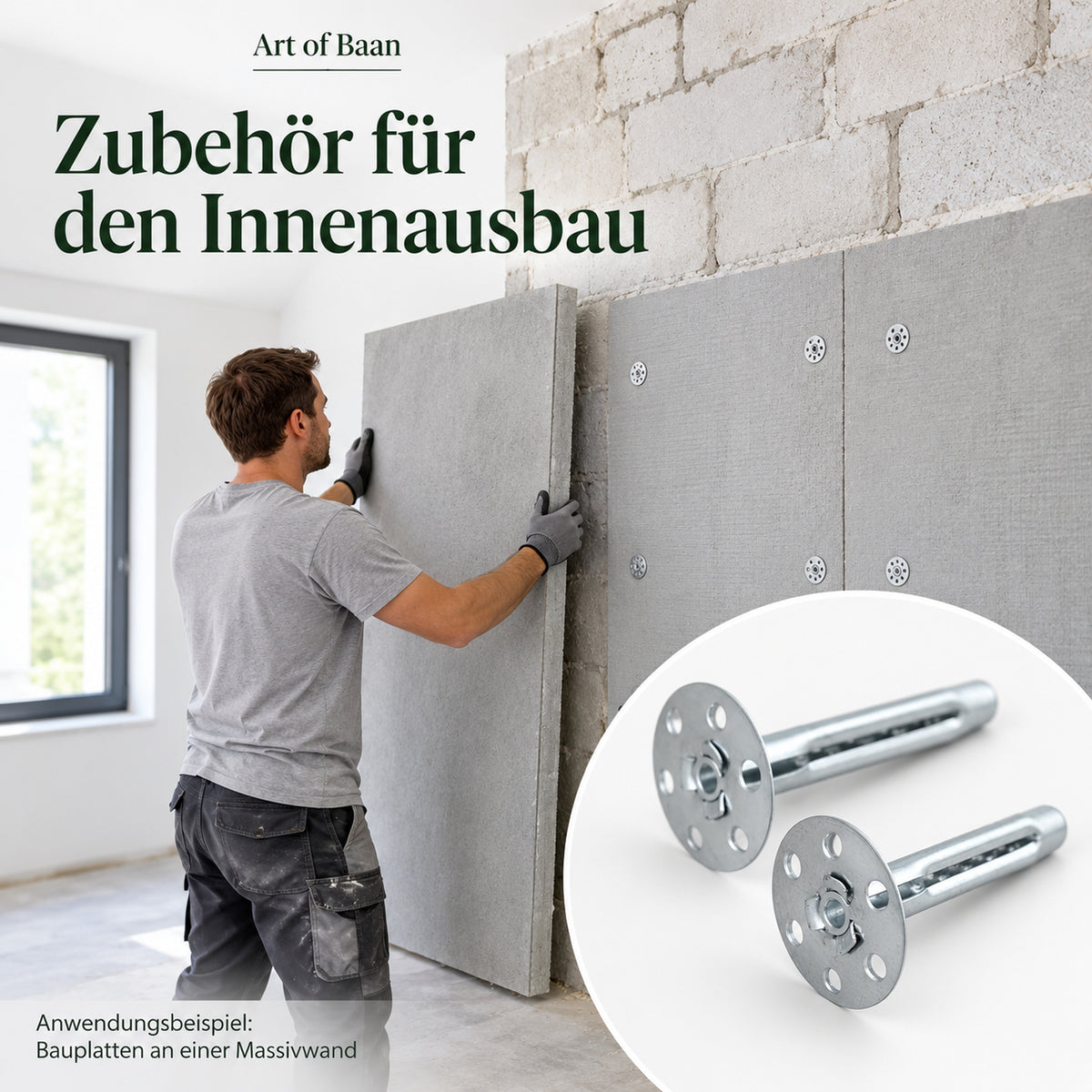 Ein Handwerker positioniert eine Bauplatte an einer Massivwand neben bereits mit Metall-Dämmstoffdübeln befestigten Platten.