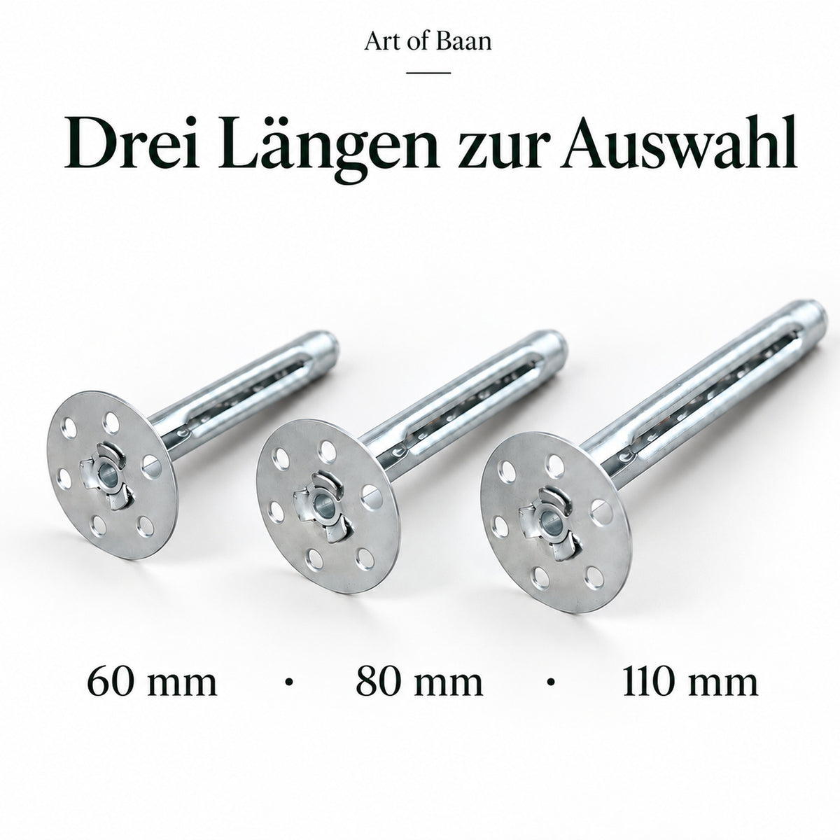 Art of Baan Metall-Dämmstoffdübel in 60, 80 und 110 mm Länge mit Verpackungseinheiten von 20, 50 oder 100 Stück.