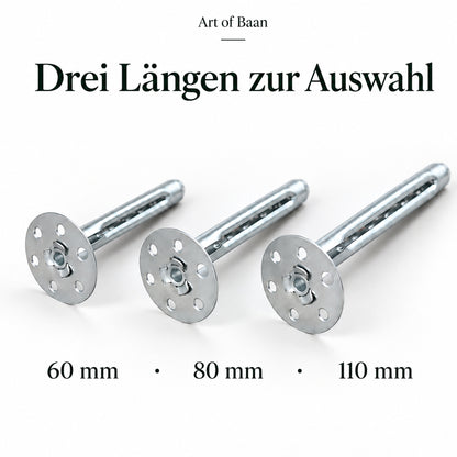 Art of Baan Metall-Dämmstoffdübel in 60, 80 und 110 mm Länge mit Verpackungseinheiten von 20, 50 oder 100 Stück.
