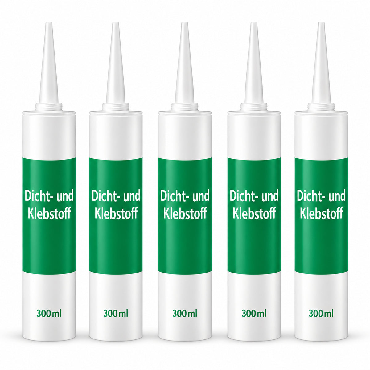 Art of Baan Dicht- und Klebstoff im 5er-Set mit jeweils 300 ml, fünf Kartuschen vor weißem Hintergrund.
