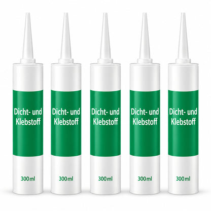 Art of Baan Dicht- und Klebstoff im 5er-Set mit jeweils 300 ml, fünf Kartuschen vor weißem Hintergrund.