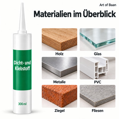 Art of Baan Dicht- und Klebstoff neben beschrifteten Materialmustern aus Holz, Glas, Metall, PVC, Ziegel und Fliesen.