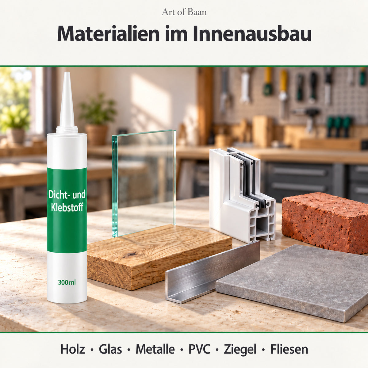 Art of Baan Dicht- und Klebstoff auf einer Werkbank neben Holz, einer Glasscheibe, einem Metallwinkel, einem PVC-Profil, einem Ziegel und einer Fliese.